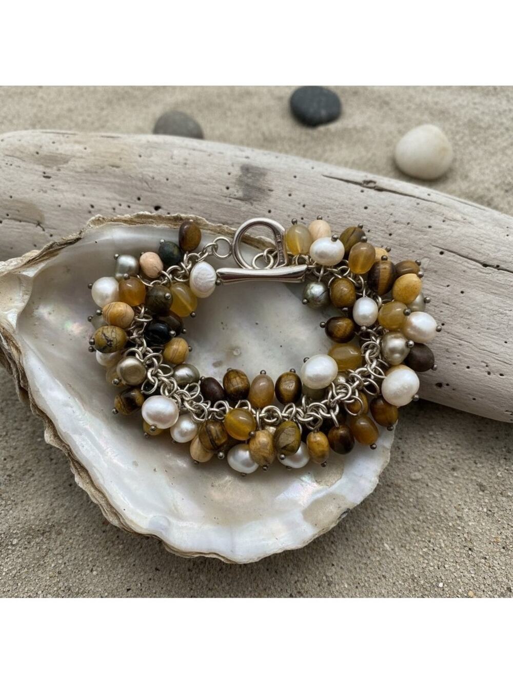 Whitney Kelly 925 Sterling Cha Cha Bracelet-Tiger Eye-Pearl-Agate-Gemstone-Charm
